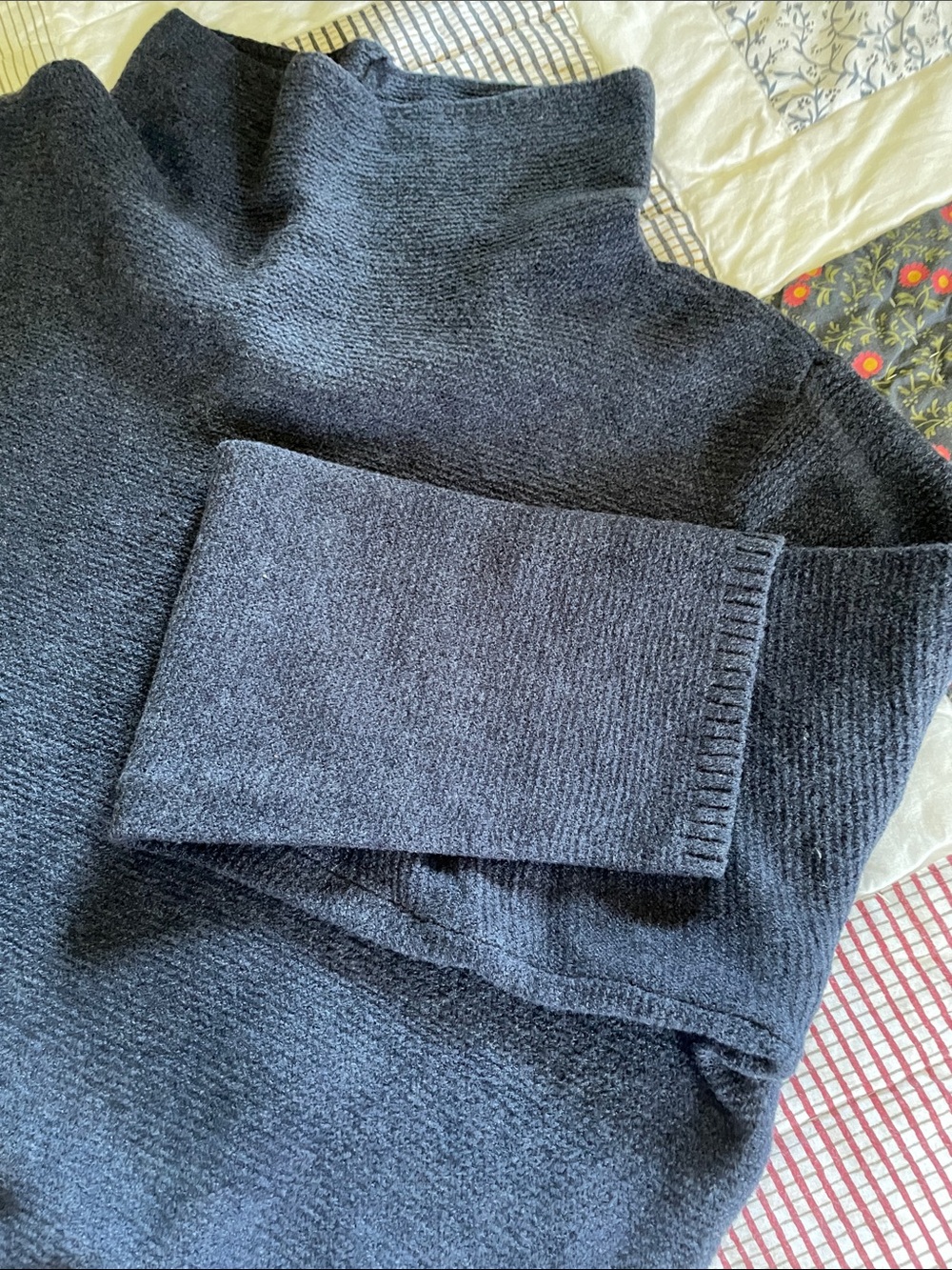 Purejill by J.Jill navy blue lightweight ribbed pullover with cowl neckline
